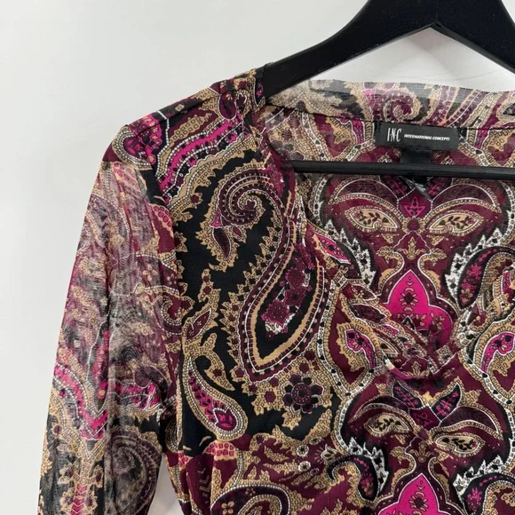 INC International Concepts Paisley Mesh Sleeve Top V-Neck Size Large - Picture 2 of 8